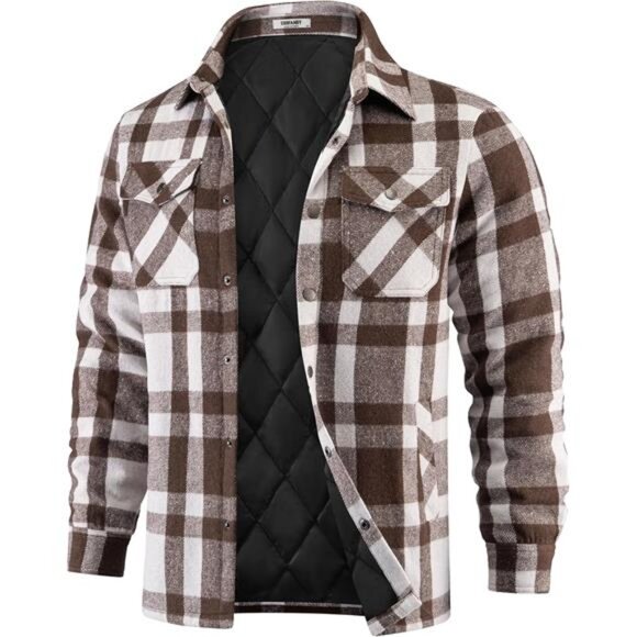 Men's Flannel Shirt Jacket Quilted Lined Plaid Jacket Long Sleeve Shacket - Picture 1 of 7